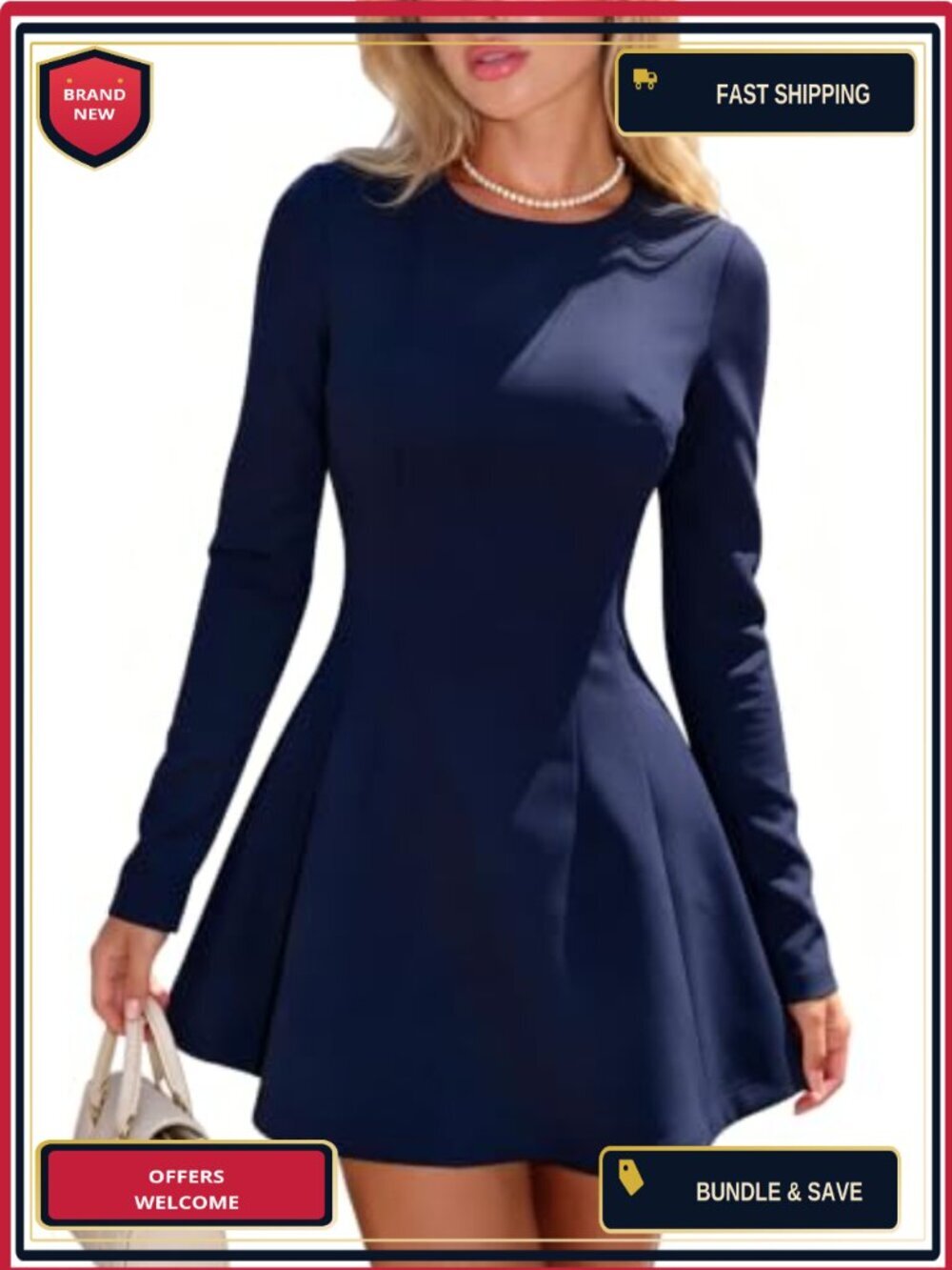 Womens Long Sleeve A-Line Mini Skater Dress with Back Zipper Stretch Fit and